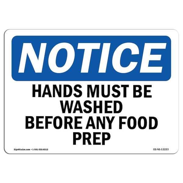 OSHA, Hands Must Washed Before Any Food Prep, 24in X 18in Rigid Plastic, 18" W, 24" L, Landscape